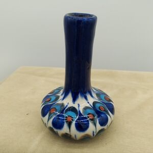 Signed Peacock Feather Glazed Vase Blue Green